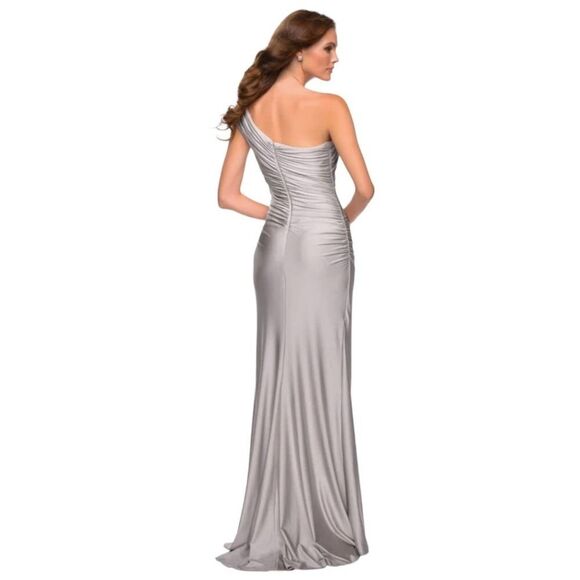 NWT La Femme 29619 One Shoulder Ruched Bodice Side Slit Jersey Gown Dress Size 0 - Picture 6 of 14
